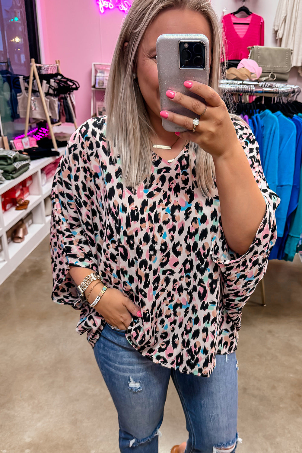 Brown Leopard Print V Neck Plus Size Batwing Top