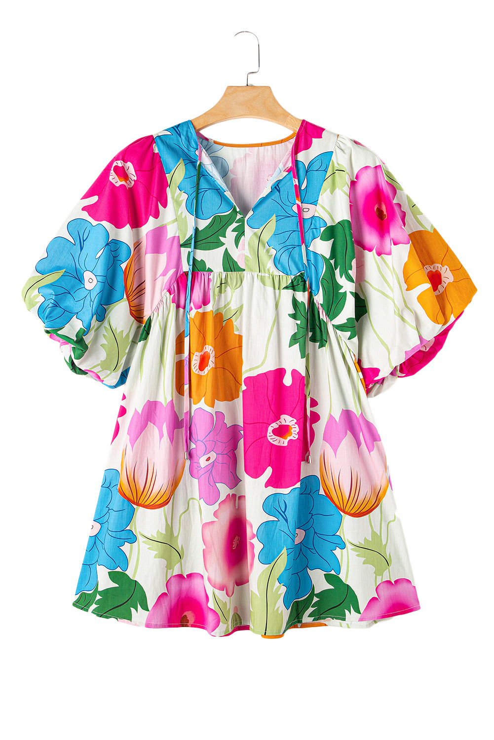 White Puff Sleeve Tied Split Neck Colorful Floral Flowy Dress